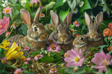 Obraz premium Cute Rabbits Playing Together in a Blooming Garden for Easter: Easter