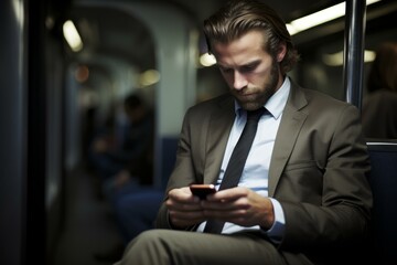 Businessman using smartphone while commuting to work by subway train