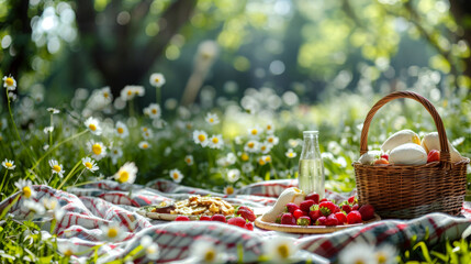 A picnic setup with a basket, strawberries, and a bottle on a blanket amid daisy-filled grass. Concept of outdoor leisure and nature enjoyment. For food and lifestyle imagery.