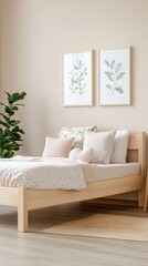 Cheerful cozy teenager's bedroom with floral accents and soft bedding in pastel hues