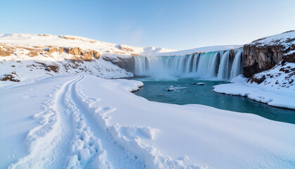 Icy waterfall cascading into frozen river, winter serenity