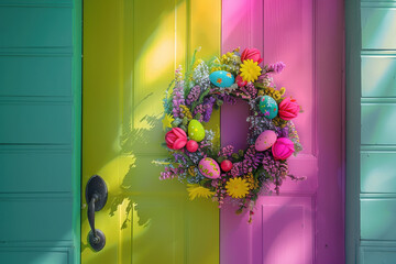 Bright Easter Wreath Hanging on a Colorful Front Door: Easter