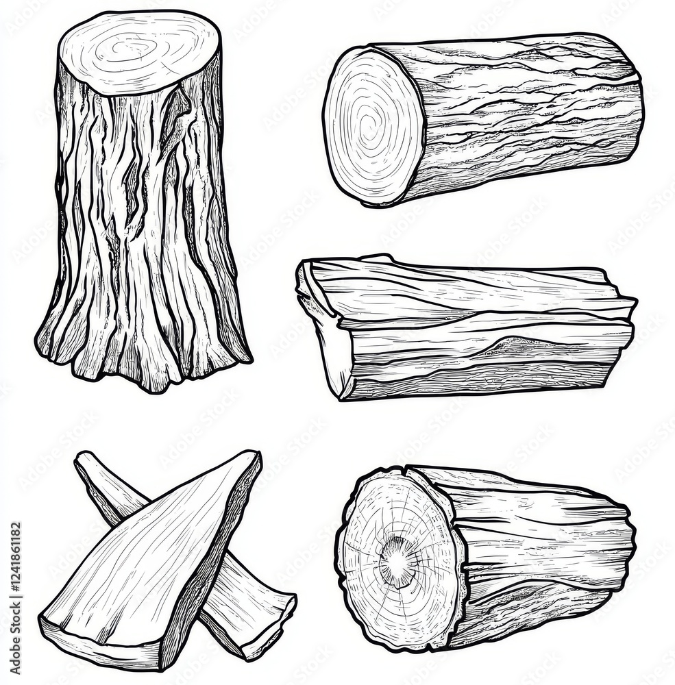 Wall mural A modern line sketch of firewood, featuring wooden logs and twigs, drawn on a white background, highlighting a timber and wood stump illustration