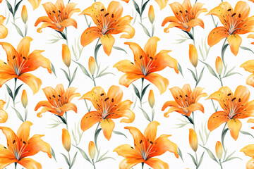 Seamless watercolor lily flowers orange background pattern wallpaper