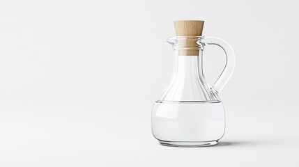 Elegant glass pitcher with wooden lid containing clear water on a minimalist white background
