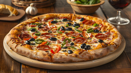 Delicious Freshly Baked Pizza with Toppings and Wine for a Perfect Meal