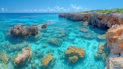 Serene coastal landscape showcasing clear turquoise waters, rocky formations, and a vibrant sky