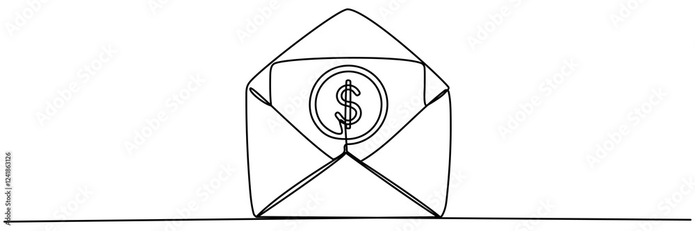 Poster open envelope with coin inside continuous line drawing. received email message linear symbol. salary