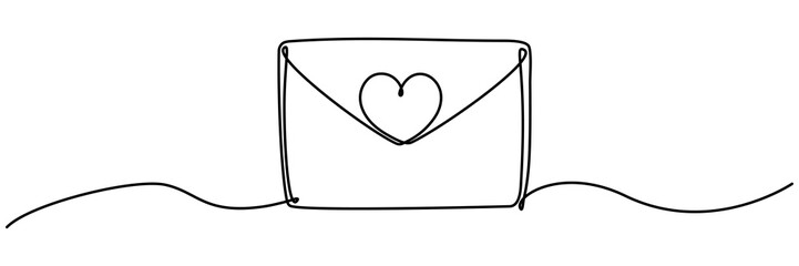 Envelope with heart shape continuous line drawing. Email love message symbol. Valentine's day concept.Vector illustration isolated on white.
