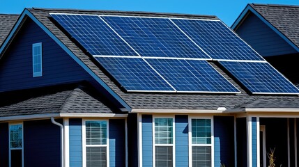 Fototapeta premium Solar Panels Installed on a Blue House Roof