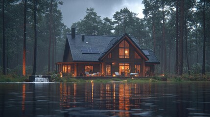 Obraz premium Cozy Cabin Lakeside Rain Forest Setting