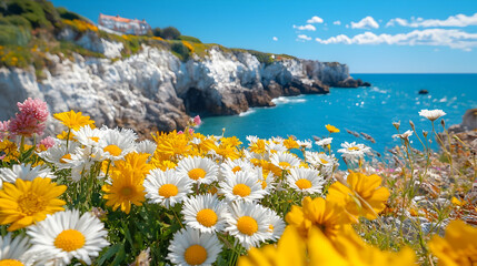 Coastal wildflowers bloom near cliffs, ocean view