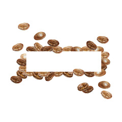 Horizontal frame of coffee beans, brown and roasted. Hand drawn watercolor illustration isolated. For labels, cards, invitations, packaging, banners.