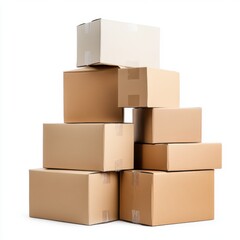 Fototapeta premium Stacked Cardboard Boxes in Various Sizes on White Background for Packing and Shipping Needs