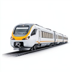 Obraz premium Modern High-Speed Train on Tracks with Sleek Design and Vibrant Colors for Transportation and Travel Themes