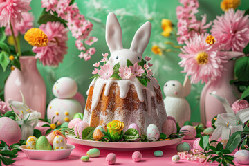 Easter Bunny Cake Surrounded by Colorful Easter Sweets: Easter