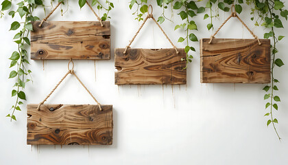 Obraz premium wooden signboards hanging with green leaves isolated on white background