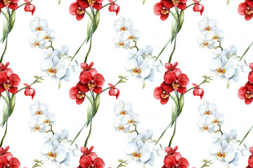Seamless watercolor orchid flowers red and white background pattern wallpaper
