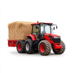 Obraz premium Red Tractor with Hay Bales on Trailer Ideal for Farming and Agricultural Themes in Rural Settings
