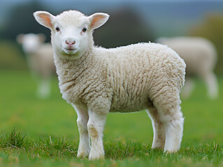 Obraz premium Adorable young white lamb grazing in open pasture on farm, copy space