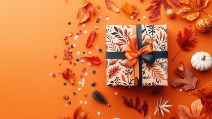 Obraz premium Autumnal gift surrounded by fall leaves and confetti.