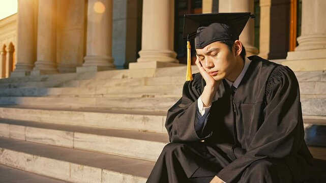 4k video of an Asian graduation student crying on the staircase of the university.
