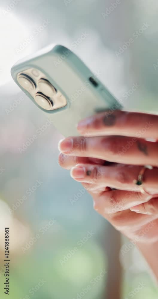 Poster Closeup, hands and chat with smartphone for social media, connection and scroll for communication. Bokeh, person and network with mobile for application, typing and text message with digital contact