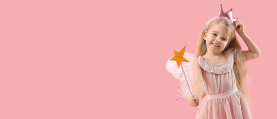 Cute little fairy with magic wand on pink background