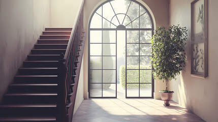 Obraz premium Staircase and arched window in farmhouse hallway rustic style interior design of entrance hall in country house. Artistic Rendering Style. Illustration