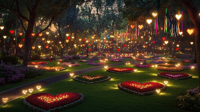 A Valentinea??s park festival featuring heart-shaped flower beds scattered across a massive open green space - Powered by Adobe
