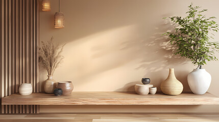 Zen style shelf wall room with wooden design in earth tones 3d rendering. Artistic Rendering Style. Illustration
