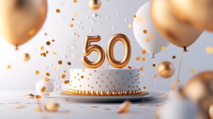 Golden 50th anniversary cake with balloons and confetti.