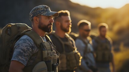 Veterans engage in supportive hiking activity amidst nature at sunset, fostering camaraderie and resilience