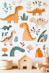 Adorable dinosaur and giraffe wall decals in a child's room.