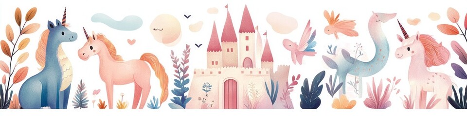Unicorns, a castle, and whimsical creatures in a magical land.