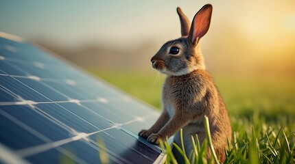 The hare sits on the solar panel. The bunny climbs to the solar battery.