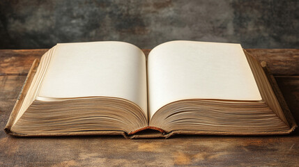 Blank white book pages of the open book, top view photography, placed on the wooden table. empty hardcover notebook template.