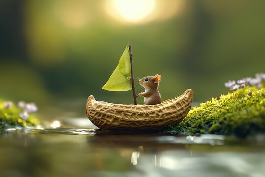   An image of a mouselike figure on a banana boat with a flag in the center of water
