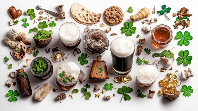 St. Patrick's Day feast: beer, treats, and shamrocks.