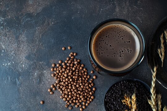 Glass of coffee with teff and black sesame seeds on dark background