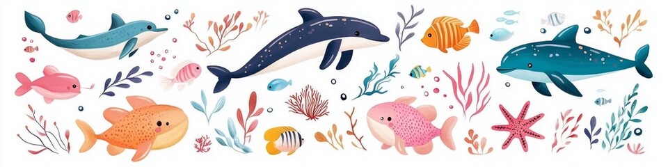 Fototapeta premium Underwater world with playful dolphins, colorful fish, and vibrant coral.