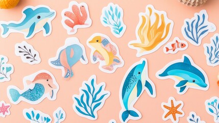 Naklejka premium Adorable ocean-themed stickers featuring dolphins, sea plants, and other marine life.