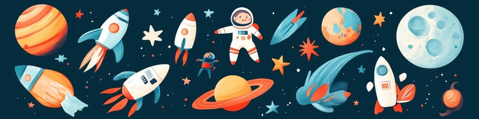 Naklejka premium A whimsical journey through space with rockets, planets, and astronauts!