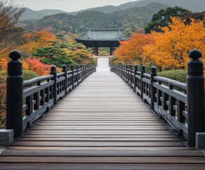 Fototapeta premium Serene autumn bridge leading to traditional asian temple amidst vibrant foliage