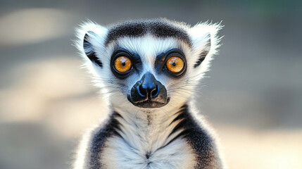 Fototapeta premium Closeup portrait of one beautiful madagascar black and gray furry lemur animal outdoors in the wildlife or the zoo. fluffy creature looking at the camera.