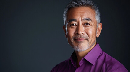 Fototapeta premium Closeup studio portrait photography of a handsome mature middle aged asian man wearing a purple shirt, looking at the camera and smiling.