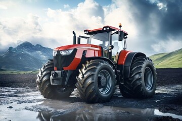 Obraz premium Red tractor working in a mountainous field on cloudy day