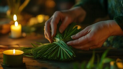 Close-up of hands skillfully braiding a St Brigid's cross using green rushes during a cozy evening activity