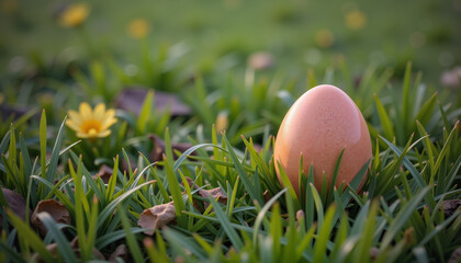 Brown egg among green grass and flowers