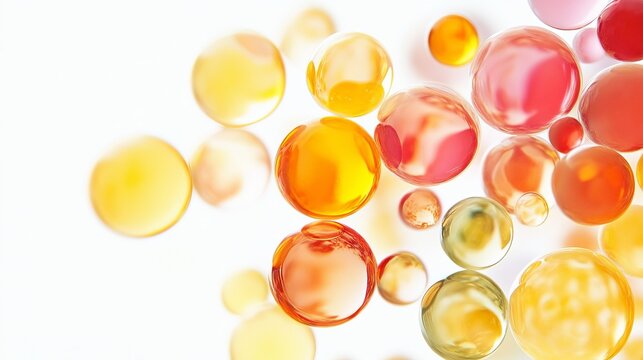 Concept of colorful liquid vitamin bubbles on a white background. 